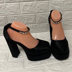 Ankle rhinestone Strap black Satin Chunky Heel Platform Square Toe Heels